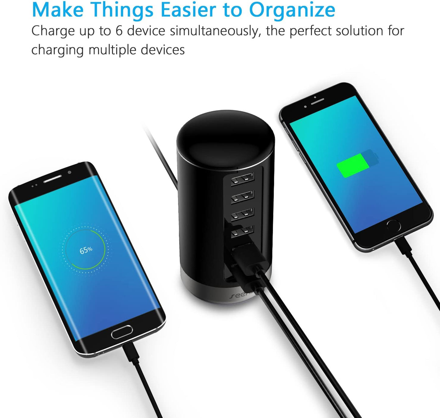 USB Charger, 6 Port USB Wall Charger USB Charging Stations with Smart Identification - Black