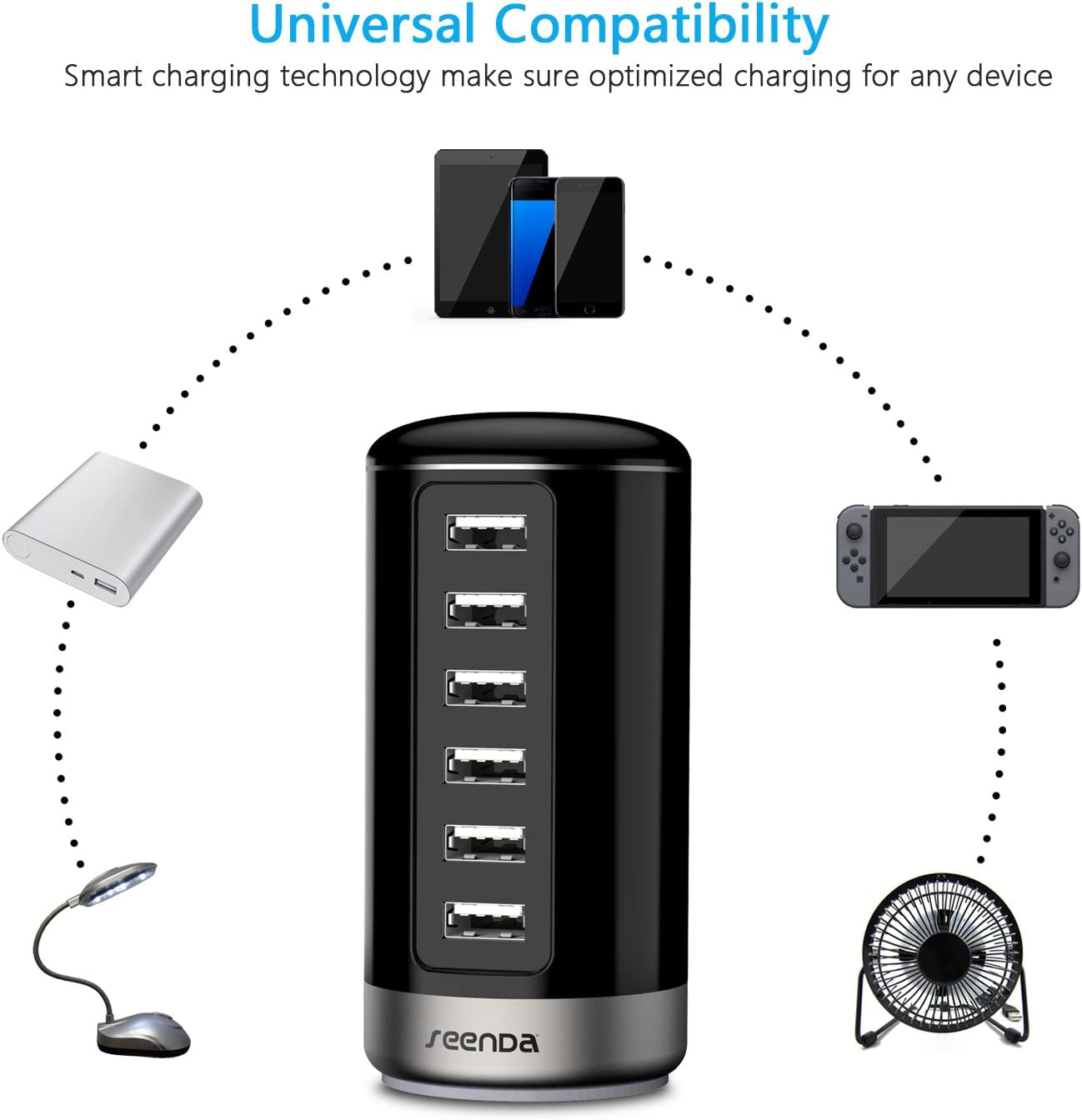 USB Charger, 6 Port USB Wall Charger USB Charging Stations with Smart Identification - Black
