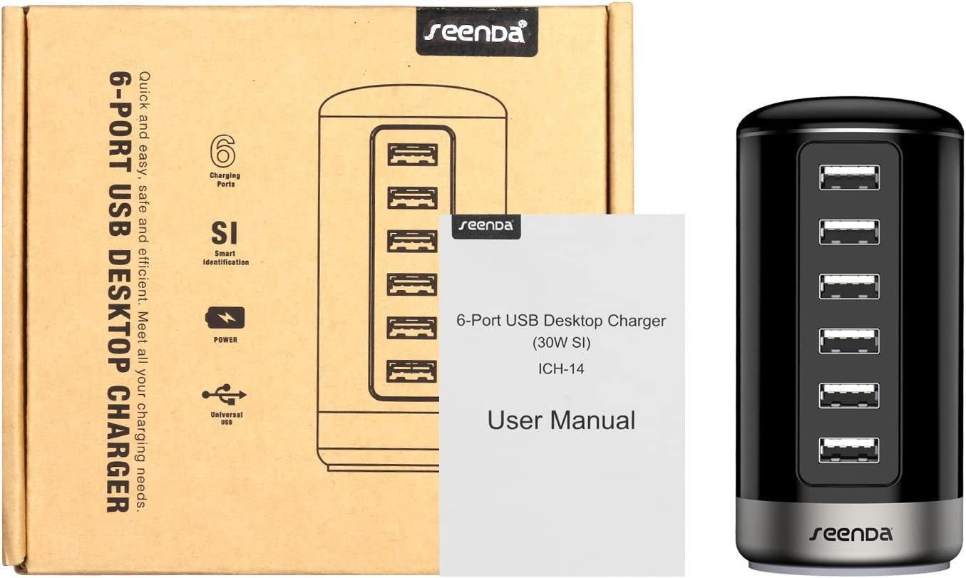 USB Charger, 6 Port USB Wall Charger USB Charging Stations with Smart Identification - Black