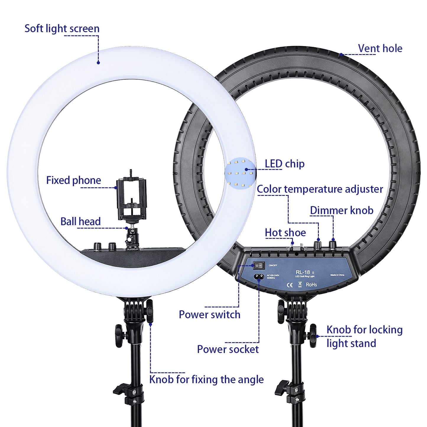 FOSOTO RL-18II Led Ring Light 18 Inch Ring Lamp 55W Ringlight Photography Lamp