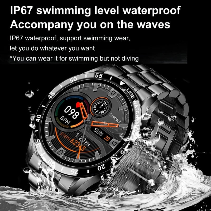 LIGE 2023 Full Circle Touch Screen Steel Band Luxury Bluetooth Call Men Smart Watch Waterproof Sport Activity Fitness Watch+Box