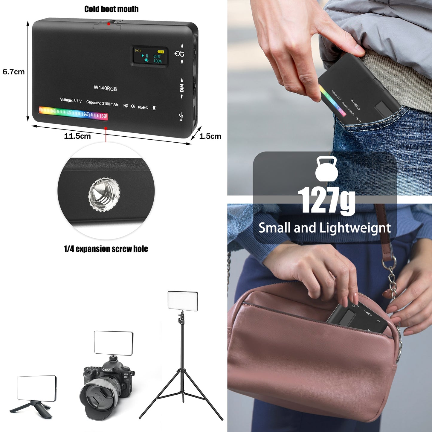 LUXCEO W140 LED RGB Video Light 0-360° Full Color 2500 to 9000K 8W 3100mAh Photography Camera Light Dimmable Pocket Panel Lights