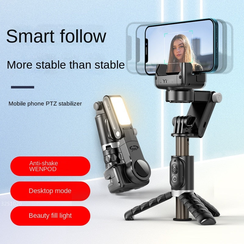 2023 New Bluetooth Wireless Gimbal Stabilizer Selfie Stick 360 Degree Smart Face Tracking Live Recording with Fill Light