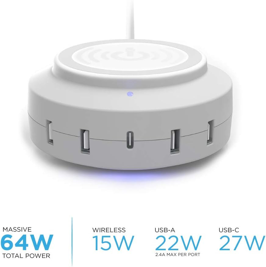 Chargehub X5+ Elite 3015, 15W Wireless Charger & 64W 5-Port USB Charging Station Including Type-C for Quick Charging Compatible with Iphone Xs Max/Xr/Xs/X/8 & Galaxy S10/S9/S9+/S8/S8+/Note 8 (White)