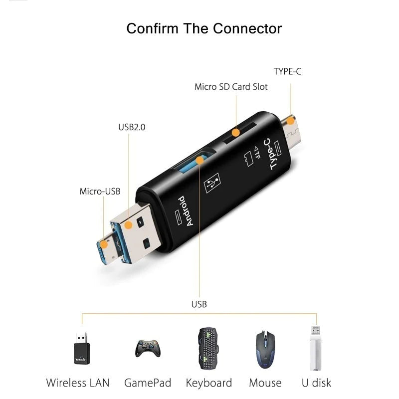 5 in 1 Multifunction Usb 2.0 Type C/Usb /Micro Usb/Tf/Sd Memory Card Reader OTG Card Reader Adapter Mobile Phone Accessories