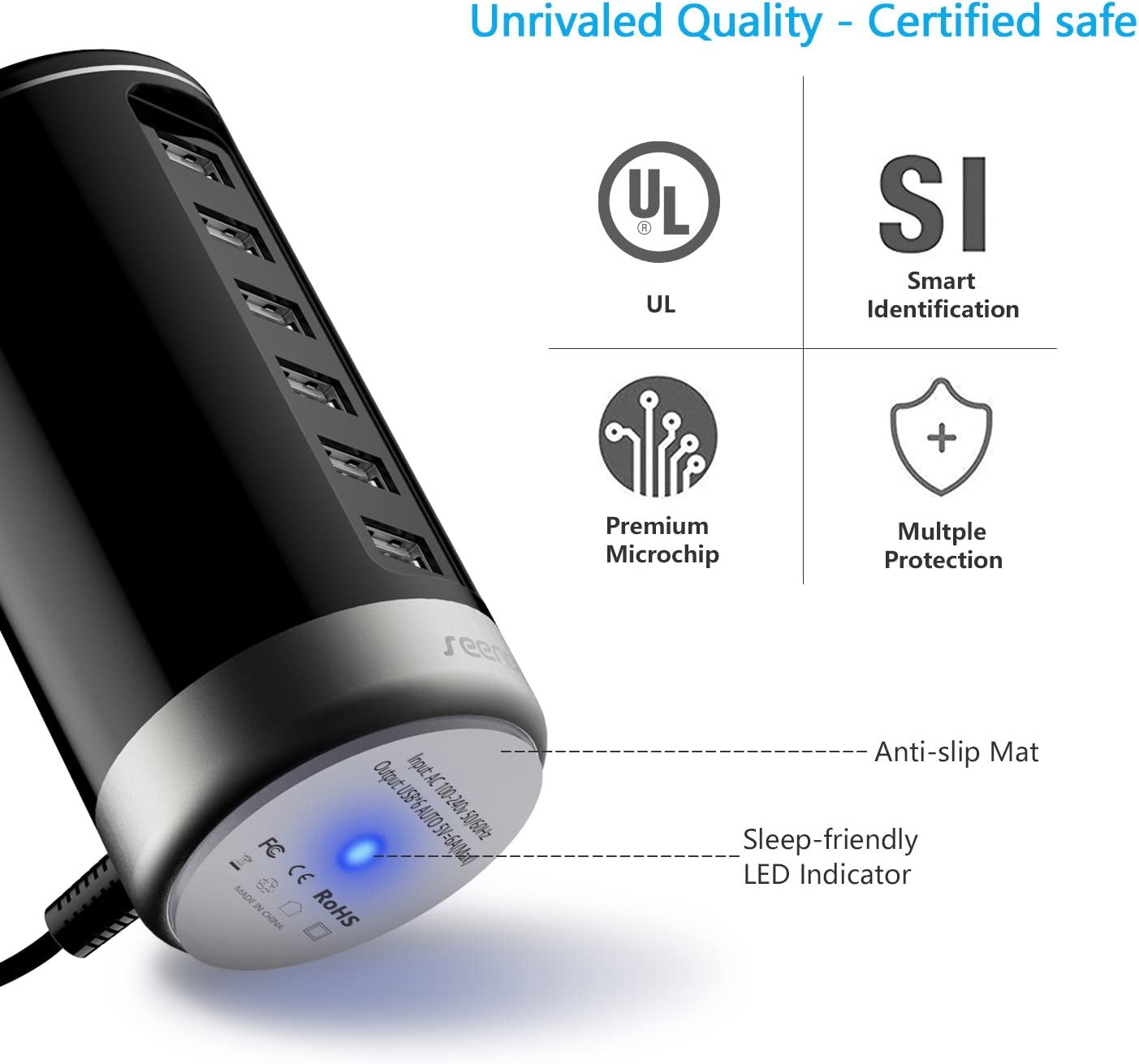 USB Charger, 6 Port USB Wall Charger USB Charging Stations with Smart Identification - Black