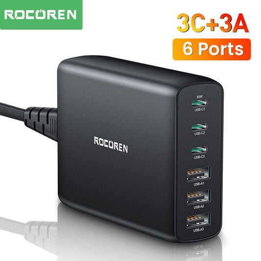 Rocoren 100W USB Charger Type C PD Fast Charging Multiple 6 Ports Desktop Charger Station For iPhone 14 13 Pro Xiaomi POCO