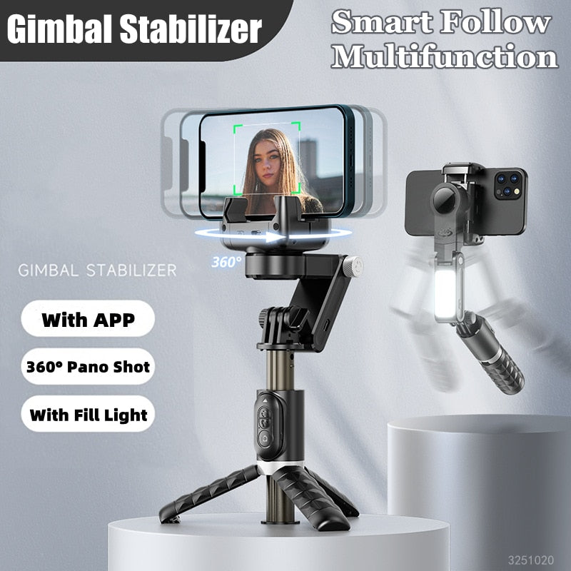 2023 New Bluetooth Wireless Gimbal Stabilizer Selfie Stick 360 Degree Smart Face Tracking Live Recording with Fill Light