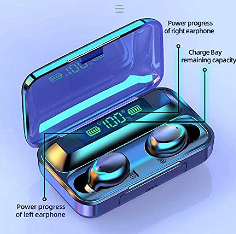 F9 True Wireless Earbud with Power Bank with Bluetooth Version 5. 1 Earbuds Portable Case Charging, Sport Design, Built in Microphone (Black)